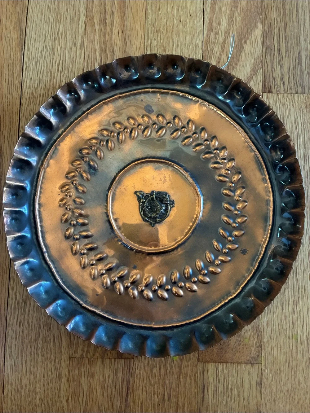 Vintage Handcrafted Copper Wall Plate with Laurel Embossing - Copper Finish